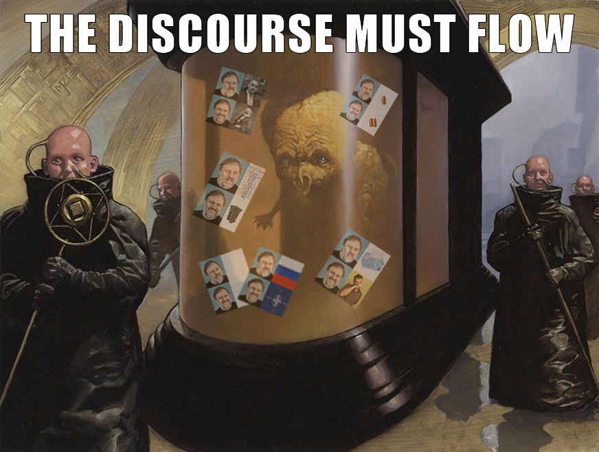 This meme is an image of a character from the TV show "The Expanse" sitting at a console with a large, screen-like display. The text at the top of the image reads "THE DISCOURSE MUST FLOW". The image is a humorous commentary on the idea of a "discourse" being a requirement for the character to be able to interact with the display.